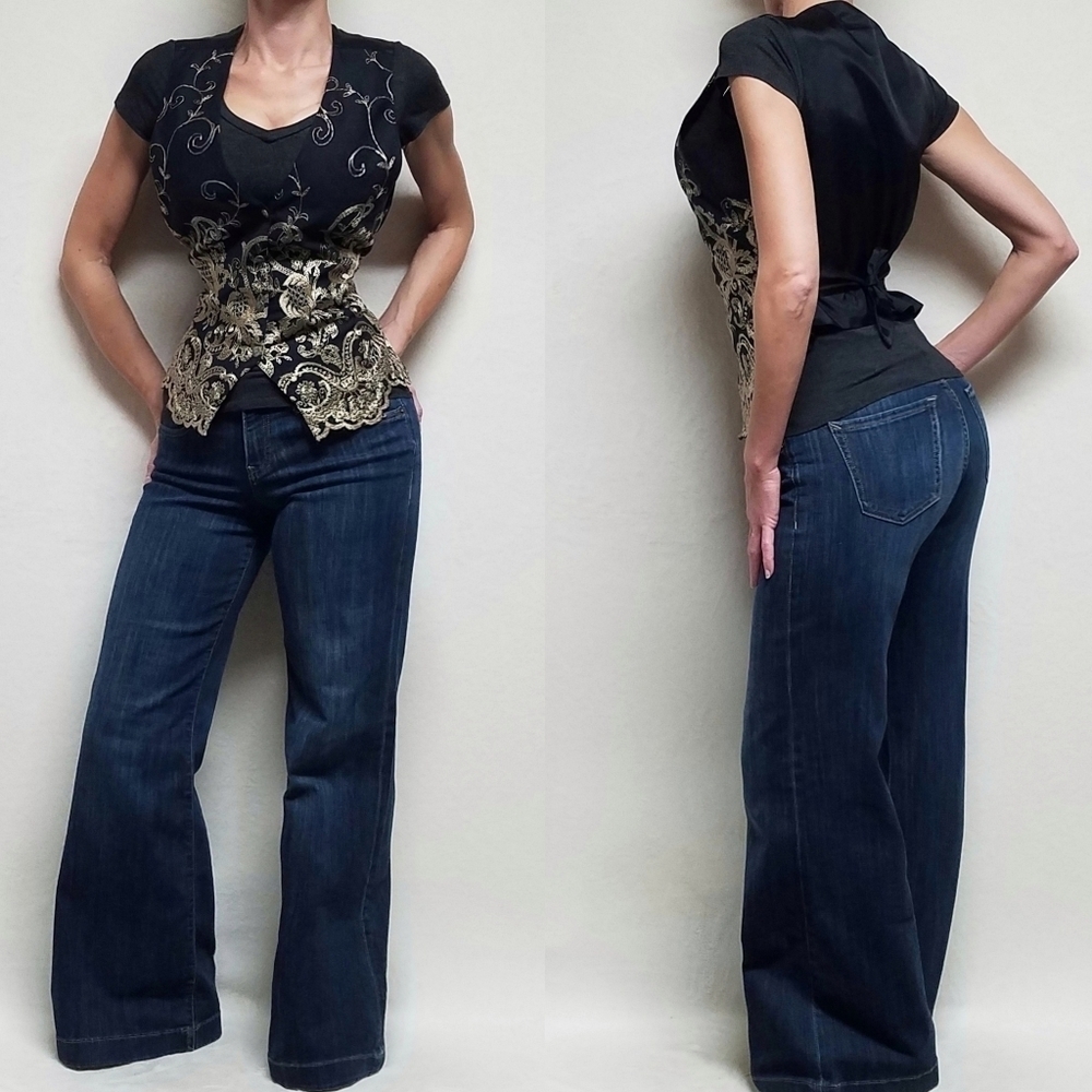 VINTAGE 80s The Icing Black Floral Gold Embroidered Scalloped Waistcoat Vest M